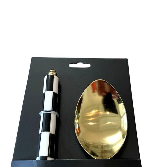 Tahari Salad Serving Spoon Fork Set of 2 Black & White Checkered Gold Glam New - Picture 3 of 7